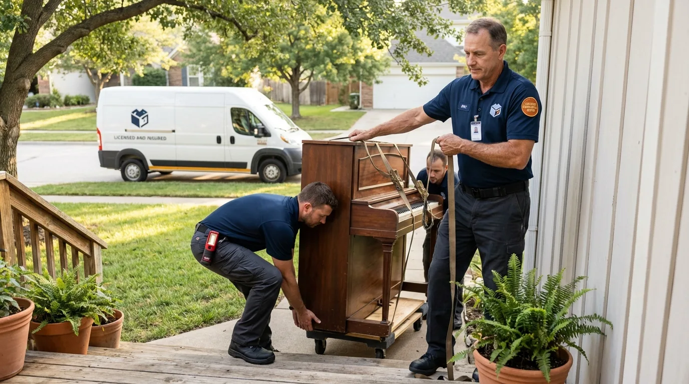 Licensed piano movers securing grand piano in Duarte, CA