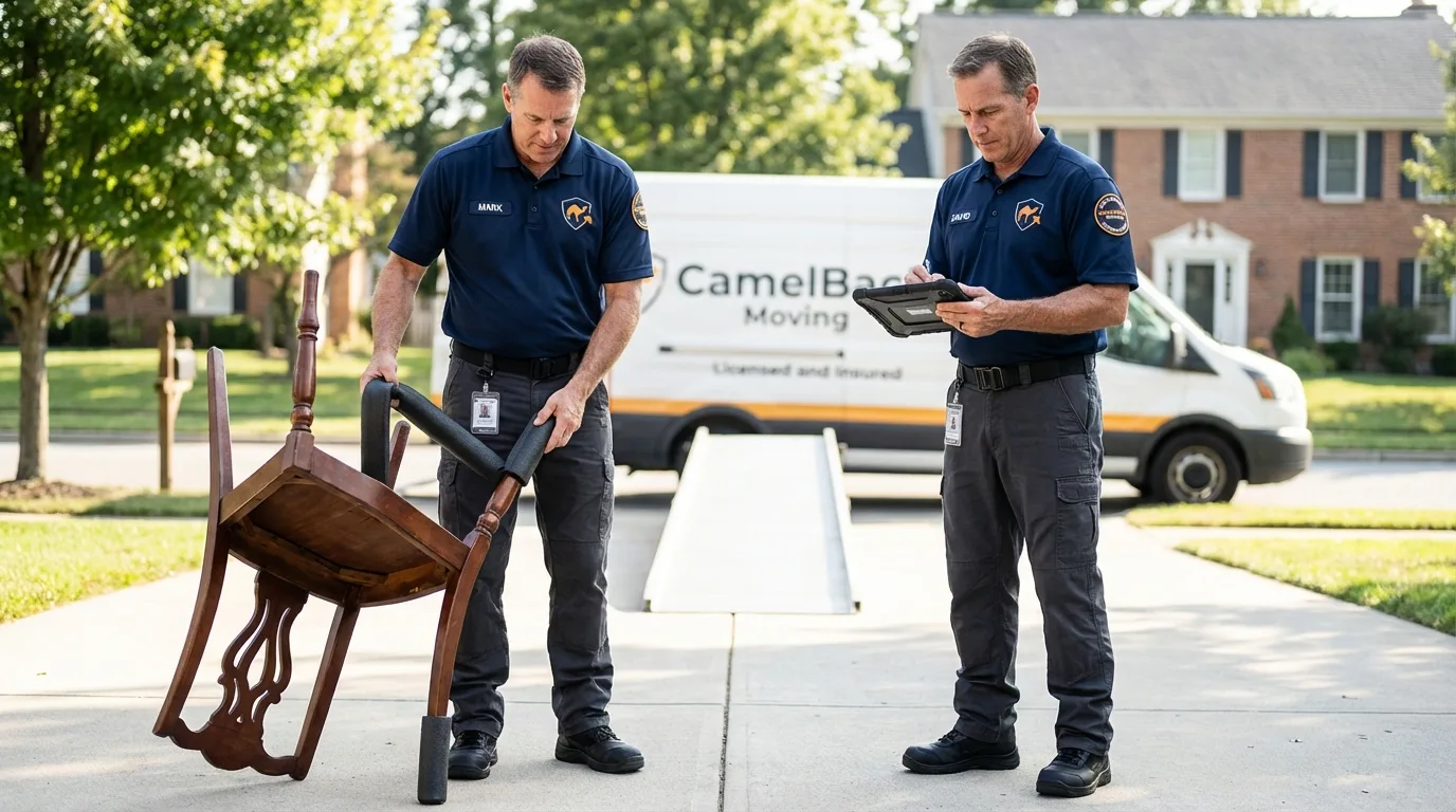 Movers inspecting furniture for damage prevention before loading in Duarte, CA
